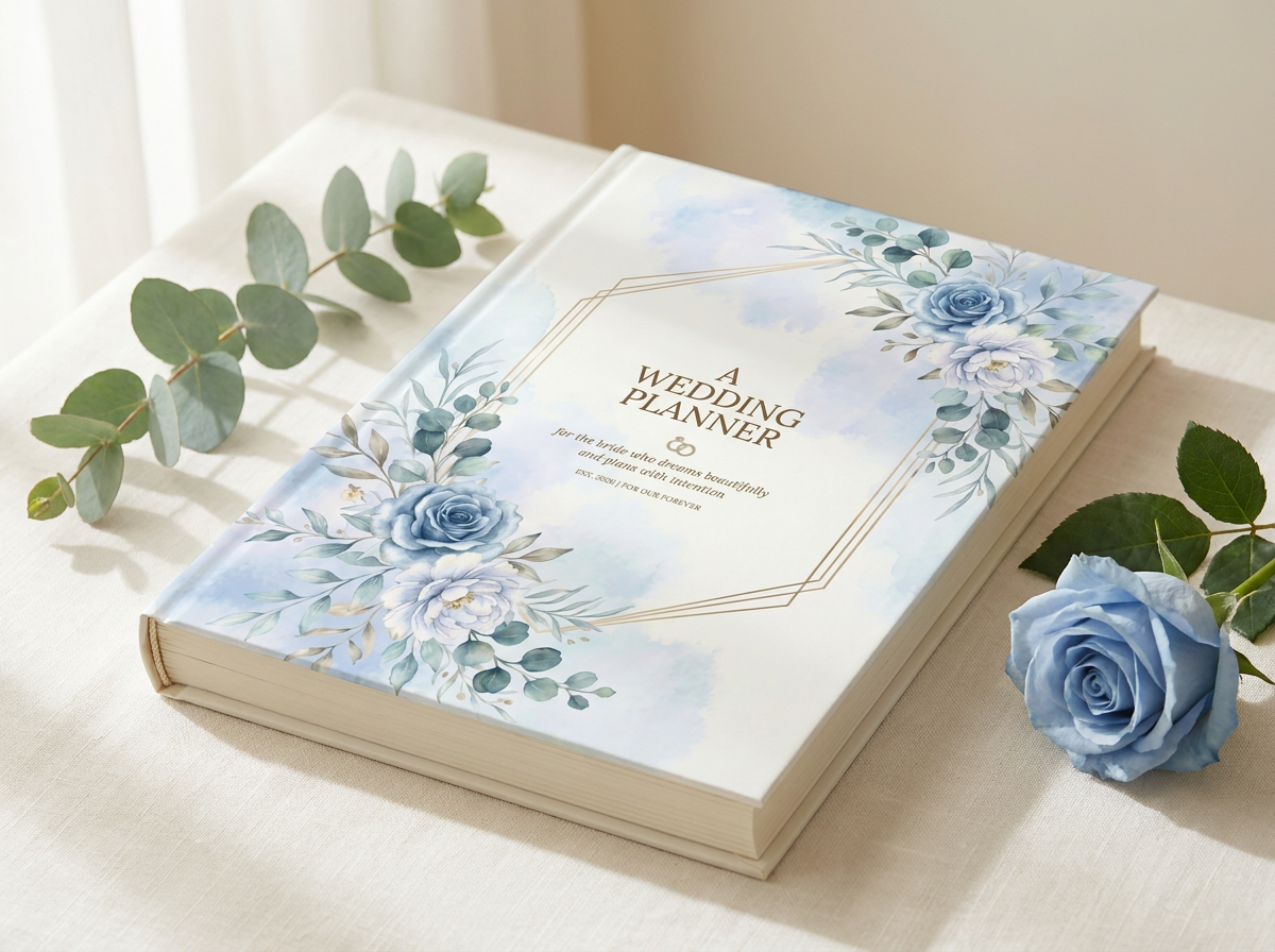 The Forever Begins Wedding Planner — open on a linen surface with blue roses